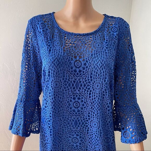 Leslie Fay Lace Crochet Pattern Bell Sleeves Dress SIZE 14 - Picture 4 of 11